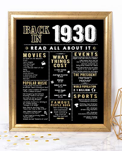 Product Cover Katie Doodle 90th Birthday Party Supplies Decorations Gifts for Women Men | Includes 8x10 Back in 1930 Print [Unframed], BD090, Black and Gold
