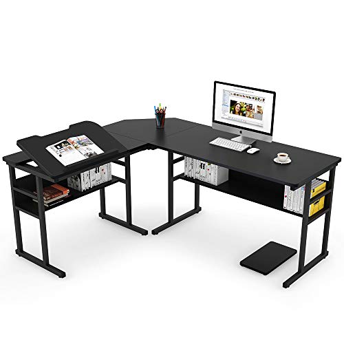 Product Cover Tribesigns Modern L-Shaped Desk with Bookshelf, 67 inch Double Corner Computer Office Desk Workstation Drafting Drawing Table with Tiltable Tabletop for Home Office (Black)