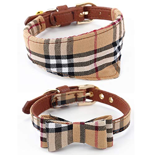 Product Cover Dog Cat Collars Leather for Small Pet Adjustable Bow-tie and Scarf Puppy Collars with Bell Cute Plaid Bandana Dog Collar(2 Pack)