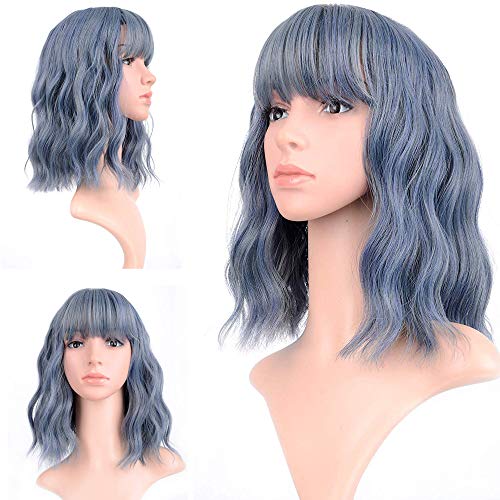 Product Cover Wavy Wig 12 Inch Short Bob Wigs With Air Bangs Shoulder Length Women's Short Wig Curly Wavy Synthetic Cosplay Wig Bob Wig for Girl Halloween Costume Wigs blue color