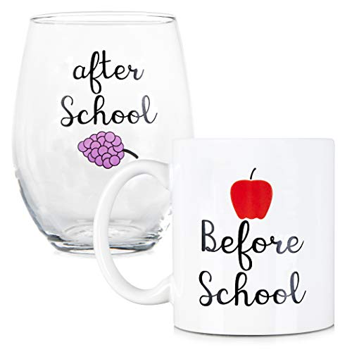 Product Cover Before School, After School Coffee Mug and Stemless Wine Glass Set - Gift for Teachers and Professors - 11 oz Coffee mug - 15 oz wine glass