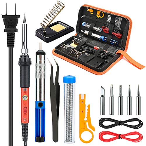 Product Cover Soldering Iron Kit Electronics, Yome 14-in-1 60w Adjustable Temperature Soldering Iron with ON/OFF Switch, 5pcs Soldering Iron Tips, Desoldering Pump, Tweezers, Stand, Solder, PU Carry Bag