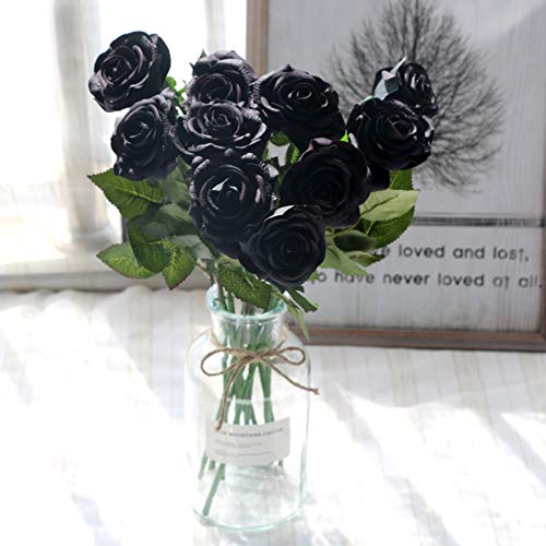 Product Cover famibay 10pcs Artificial Rose Bouquets Vantage Fake Silk Rose Flowers with Leaf and Plastic Stem for Home Wedding Party Valentine's Day Garden Hotel Decoration Obsidian