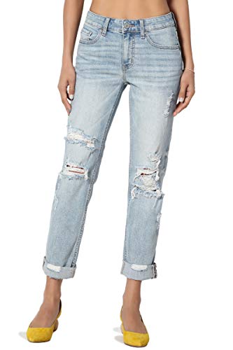 Product Cover TheMogan Distressed Girlfriend Straight Relaxed Roll Up Jeans in Light Blue Wash