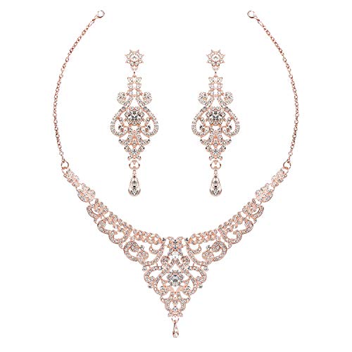 Product Cover HapiBuy Crystal Rose Gold Wedding Jewelry Set Necklace and Earring Set for Women and Brides