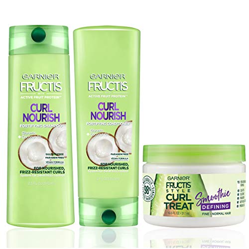 Product Cover Garnier Hair Care Fructis Curl Nourish Shampoo, Conditioner, & Natural Styling Curl Treat Smoothie, Nourish for Frizz Resistant Curls, Frizz Free up to 24 Hours, Paraben Free,1 Kit