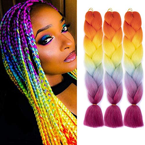 Product Cover Synthetic Braiding Hair Extensions Rainbow Ombre Jumbo Braid for Twist Braiding Hair High Temperature Fiber Hair Extensions 24inch 3Pcs/Lot(Rainbow color)