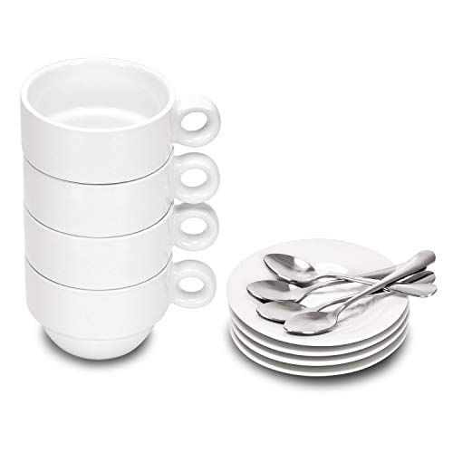 Product Cover Porcelain Espresso Cups and Saucers, 2.5 Ounce Stackable Ceramic Espresso Mugs, Demitasse Cups Set with Mini Teaspoons Designed for Espresso Lovers Daily Use, 12 Pcs