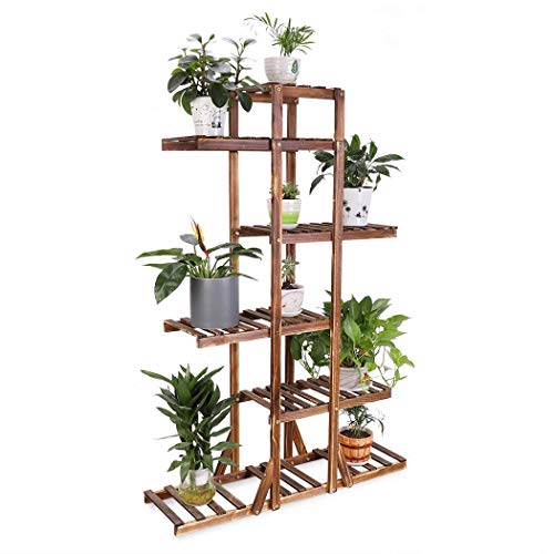 Product Cover 6 Tier Wooden Plant Stand Carbonized Wood Plant Stand Holder Flower Display Stand Flower Pot Rack Bonsai Display Bench Patio Shelf Porch Dining Room Living Room Bathroom Indoor Outdoor, 52 inches