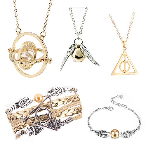 Product Cover 5PCS hp Necklace Set Time Turner Golden Snitch Deathly Hallows for HP Fans Collection Jewelry