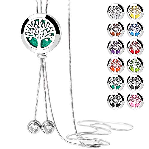 Product Cover RoyAroma Aromatherapy Essential Oil Necklace Stainless Steel Locket with 12PCS Felt Pads, 19.7'' Adjustable Chain Tree of Life Perfume Necklace