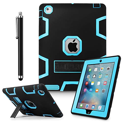 Product Cover iPad 2 Case,iPad 3 Case,iPad 4 Case, AICase Kickstand Shockproof Heavy Duty Rubber High Impact Resistant Rugged Hybrid Three Layer Armor Protective Case with Stylus for iPad 2/3/4 (Black+Light Blue)