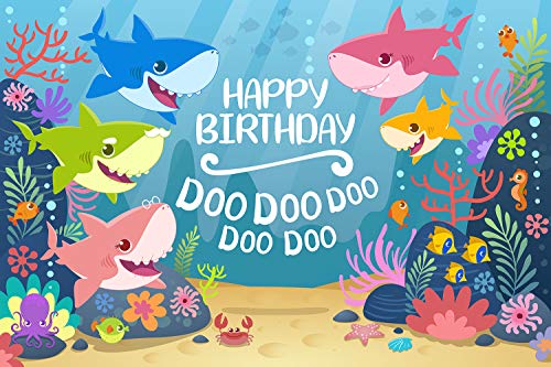 Product Cover GYA Cartoon Cute Shark Happy Birthday Theme Backdrop for Photography Under The Sea Birthday Party Background Baby Shower Kids Party Newborn Child Family Portrait Studio Props th24-5x3FT