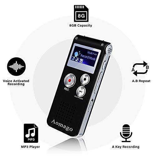 Product Cover Digital Voice Recorder Voice Activated Recorder for Lectures, Meetings, Interviews Aomago 8GB Audio Recorder Mini Portable Tape Dictaphone with Playback, USB, MP3