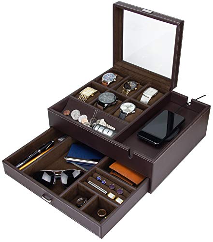 Product Cover HOUNDSBAY Commander Dresser Valet Watch Box Case & Mens Jewelry Box Organizer with Smartphone Charging Station (Brown/Brown)