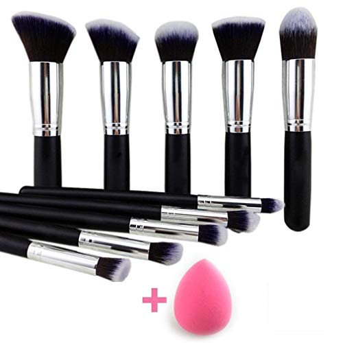 Product Cover URBAN MAC 10 Pcs Makeup Brushes Set Tool Pro Foundation Eyeliner Eyeshadow (Black) With Sponge puff (colour may vary)