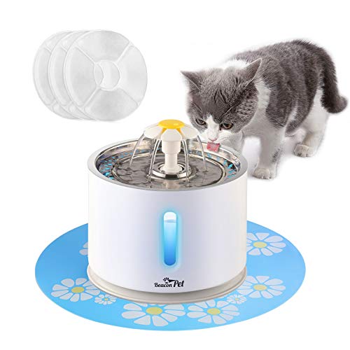 Product Cover BEACON PET Cat Water Fountain Stainless Steel, LED 81oz/2.4L Automatic Pet Fountain Dog Water Dispenser with 3 Replacement Filters & 1 Silicone Mat for Cats Dogs Multiple Pets