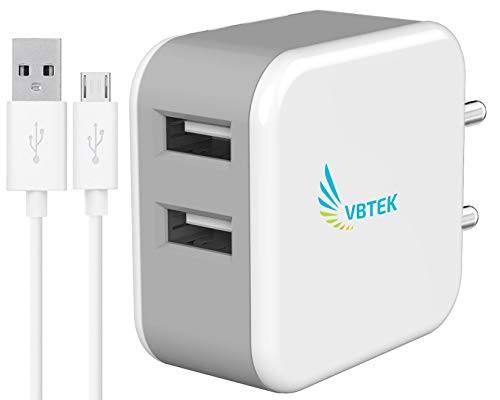 Product Cover VBTEK Dual Port USB Wall Charger Adapter with 2.4 Amp Power Supply for All Android and iOS Devices with USB Cable (White) (2.4Amp)