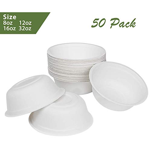 Product Cover ZenCo Bagasse Rice Bowl - 50 Pack 32oz White Disposable Natural Sugarcane Heat Resistant Eco Friendly Paper Alternative Bowls (50 Count, 32oz)