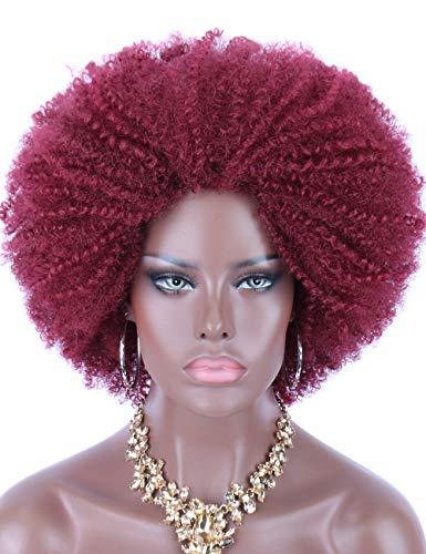 Product Cover Kalyss Big Bouncy Full Thick Short Afro Kinky Curly Wigs for Black Women Burgundy Red Lightweight Synthetic Hair Wigs 150% Density Natural Looking Fluffy Hair Replacement Wig