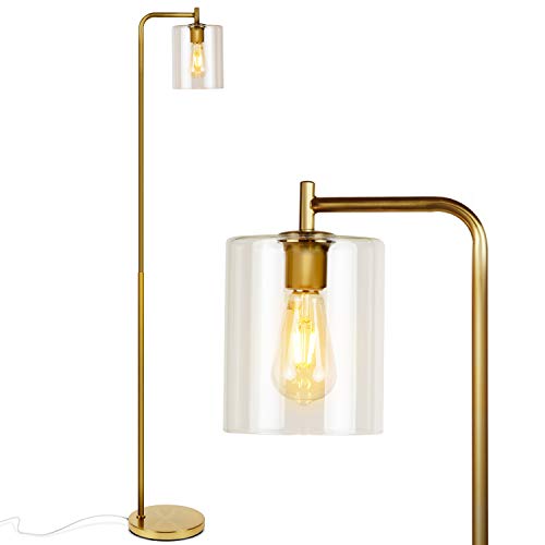 Product Cover Brightech - Elizabeth LED Floor Lamp for Living Room & Bedroom - Standing Industrial Light with Hanging Glass Lamp Shade - Tall Pole Downlight for Office - with LED Bulb - Brass Gold Color