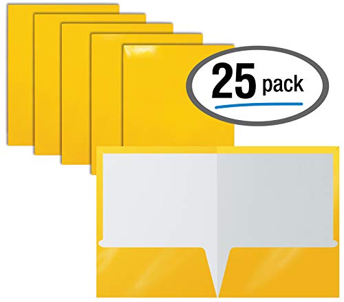 Product Cover 2 Pocket Glossy Laminated Yellow Paper Folders, Letter Size, 25-Pack, Yellow Paper Portfolios by Better Office Products, Box of 25 Yellow Folders