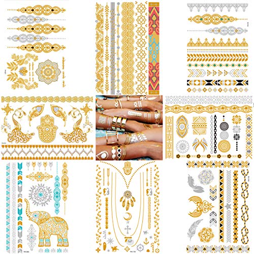 Product Cover Metallic Temporary Tattoos - Over 100 Gold Silver Henna Sexy Body Tattoos for Women Teens Girls Glitter Shimmer Mandala Mehndi Designs Jewelry Tattoo Stickers (8 sheets Turquoise & Gold)
