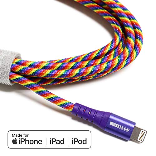 Product Cover Tera Grand - Apple MFi Certified - Lightning to USB Braided Cable with Aluminum Housing, 7 Feet iPhone 11 Pro Max 11 Pro 11 XS XS Max XR 8 8 Plus 7 7 Plus iPad Pro Air Mini iPod Pride (Rainbow)