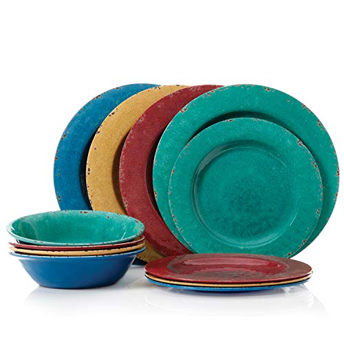 Product Cover Gibson Mauna 12pc Dinnerware Set - 4 Assorted Colors Burgundy/Blue/Green/Yellow - Melamine - 116356.12