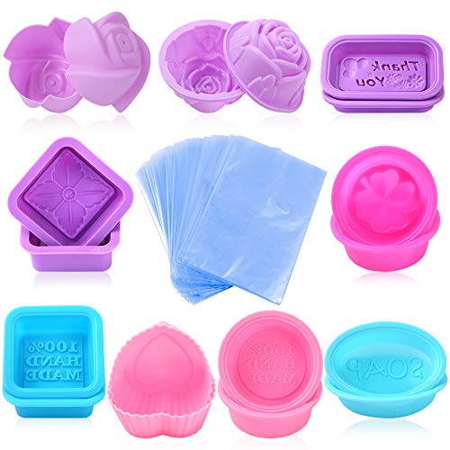 Product Cover Sntieecr 18 Pieces 9 Different Styles Silicone Soap Molds, 100 Pieces 4 by 6 Inch PVC Shrink Wrap Bags for Soap Making Supplies