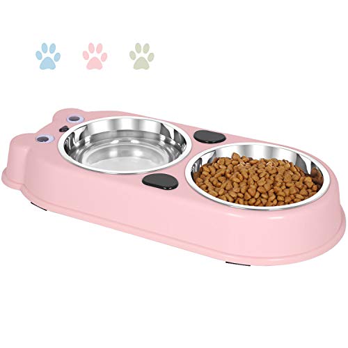Product Cover UPSKY Double Dog Cat Bowls Double Premium Stainless Steel Pet Bowls with Cute Modeling Pet Food Water Feeder (Pink)