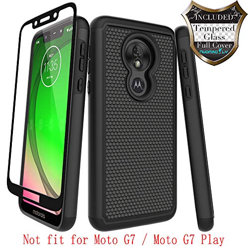 Product Cover Moto G7 Power Case,Moto G7 Supra with [Tempered Glass Screen Protector] Nuomaofly Rugged Heavy Duty Shock-Absorption Protection (Black)