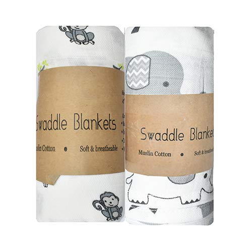 Product Cover cottingtonlane Baby Swaddle Blanket -Extra-Large Size 120 x 120 cm, Organic Muslin Cotton, Pack of 2 -Monkey and Elephant Designs (Blue)