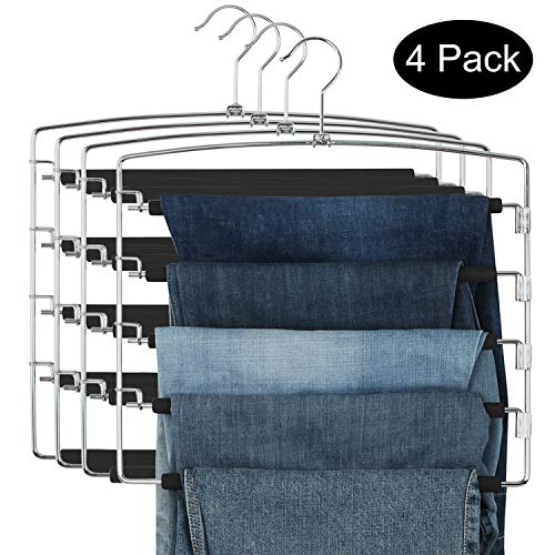 Product Cover DOIOWN Pants Hangers Slacks Hangers Space Saving Non Slip Stainless Steel Clothes Hangers Closet Organizer for Pants Jeans Trousers Scarf (4-Pack(5 Layer-Upgrade Version))