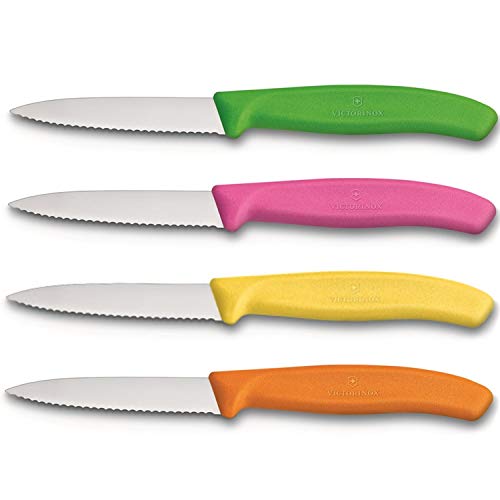 Product Cover Victorinox Swiss Stainless Steel Paring Knife 3.25 Inch Serrated Blade, Spear Pointy (Set of 4) Green, Orange, Pink and Yellow Utility Knife Set