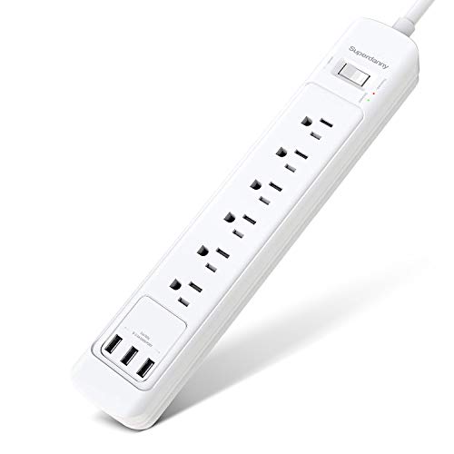 Product Cover Surge Protector Power Strip with USB ETL Approval 15A Angle Flat Plug Mountable Extension Cord Fast Charging Station 6 Outlet 5ft for Phone Tablet PC Garage Kitchen Home Office White SUPERDANNY