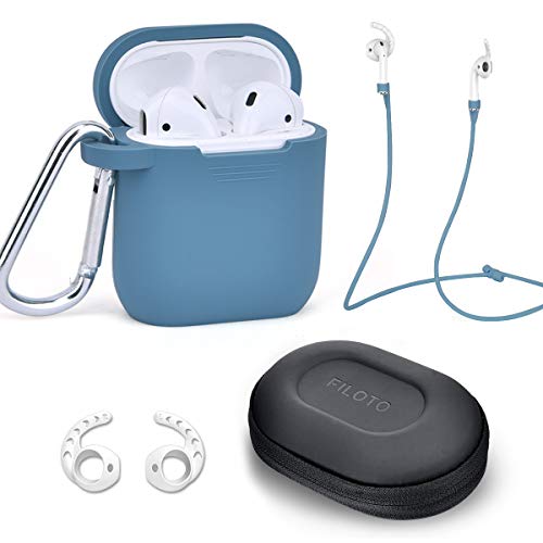 Product Cover Airpods Accessories Set, Filoto Airpods Waterproof Silicone Case Cover with Keychain/Strap/Earhooks/Accessories Storage Travel Box for Apple Airpod (Lake Blue)