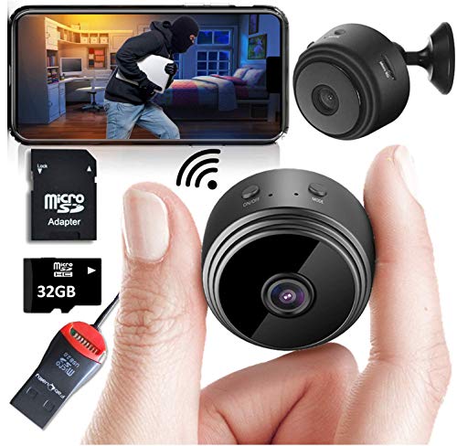 Product Cover Mini Spy Camera Wireless Hidden Home WiFi Security Cameras with App 1080P, Bundle 32GB SD Card + USB Reader + Adaptor. Night Vision Indoor Outdoor iPhone/Android Phone Small Nanny Cam for Cars etc