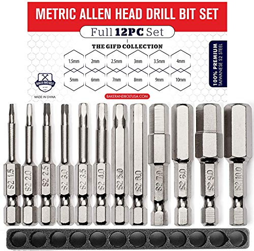 Product Cover Baker and Bolt Allen Wrench Drill Bit Set (12pc COMPLETE METRIC SET) Hex Shank Magnetic Allen Bit Set - THE GIFD COLLECTION - Fortified S2 Steel - Long 2in Heads for Handheld and Electric Drills