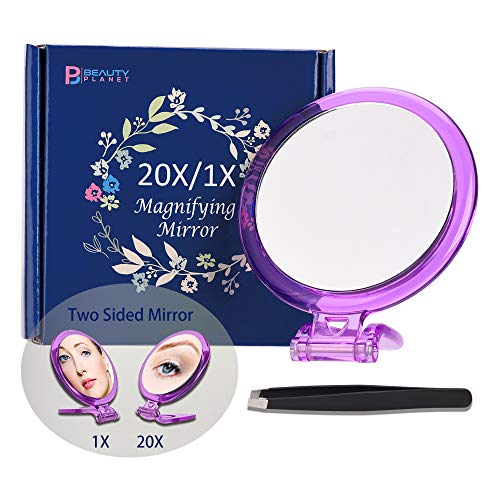 Product Cover 20X Magnifying Mirror, Two Sided Mirror, 20X/1X Magnification, Folding Makeup Mirror with Handheld/Stand,Use for Makeup Application, Tweezing, and Blackhead/Blemish Removal. 4Inches(Purple)