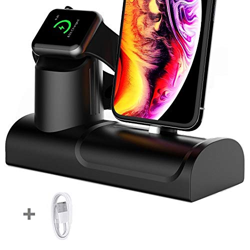 Product Cover 2 in 1 Station for Apple Watch and iPhone (or Airpods) Holder Docking Stand Desktop Dock Silicone Support for Apple Watch Series 4/3/2/1/iPhone XR/XS /8 Plus Black (2 in 1 Stand)