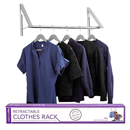Product Cover Stock Your Home Retractable Clothes Rack - Wall Mounted Folding Clothes Hanger Drying Rack for Laundry Room Closet Storage Organization, Aluminum, Easy Installation, 2 Racks with Rod (Silver)