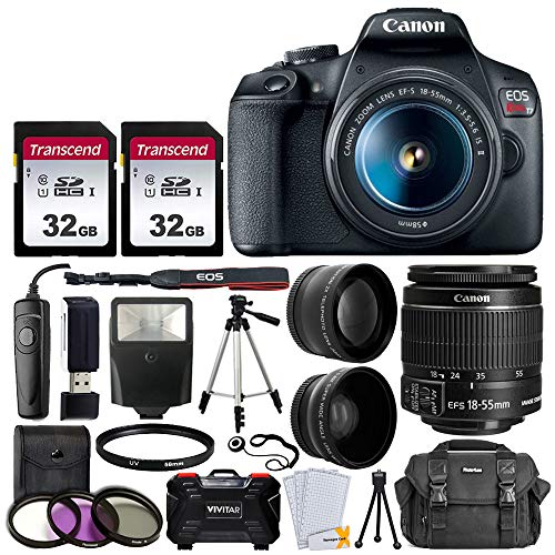 Product Cover Canon EOS Rebel T7 Digital SLR Camera with 18-55mm EF-S f/3.5-5.6 is II Lens + 58mm Wide Angle Lens + 2X Telephoto Lens + Flash + 64GB SD Memory Card + UV Filter Kit + Tripod + Full Accessory Bundle
