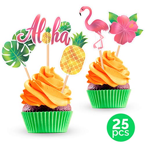 Product Cover Luau Flamingo Pineapple Hawaiian Cupcake Cake Toppers - Hawaii Tropical Summer Theme Birthday Party Baby Shower Decorations Supplies - 25 PCS