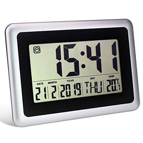 Product Cover Digital Alarm Clocks for Bedroom, Large LCD Electronic Silent Wall Clock, Battery Operated Modern Desk Day Clock with Temperature and Date for Office, Kitchen, Living Room Decor for Heavy Sleepers