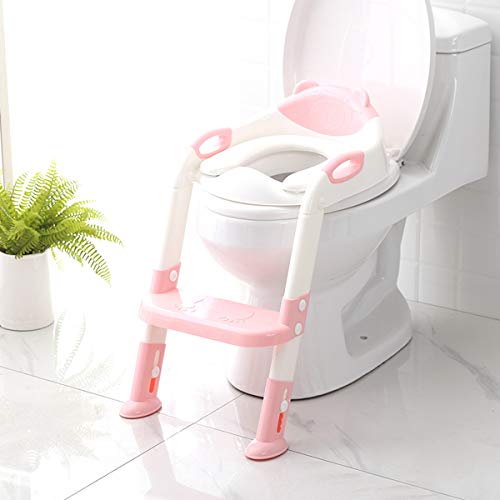 Product Cover Potty Training Seat with Step Stool Ladder,SKYROKU Potty Training Toilet for Kids Boys Girls Toddlers-Comfortable Safe Potty Seat with Anti-Slip Pads Ladder (Pink)