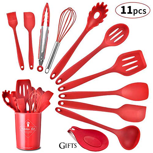 Product Cover Silicone Kitchen Utensil Set, Heat-Resistant Non-Stick Silicone Cooking Tools (red holder)