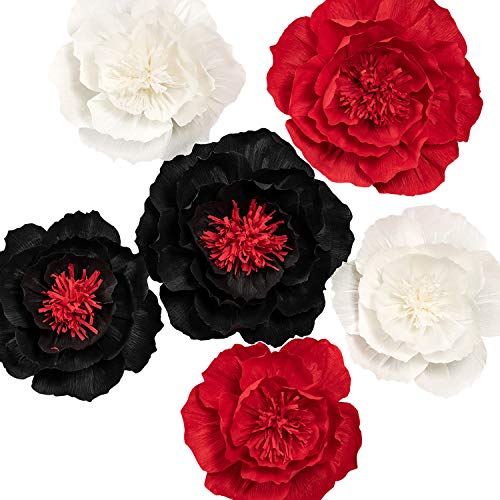 Product Cover KEY SPRING Paper Flower Decorations, Large Crepe Paper Flowers, Giant Paper Flowers, Handcrafted Flowers (Black, Red, White Set of 6) for Wedding, Nursery Wall Decorations, Bridal Shower, Baby Shower