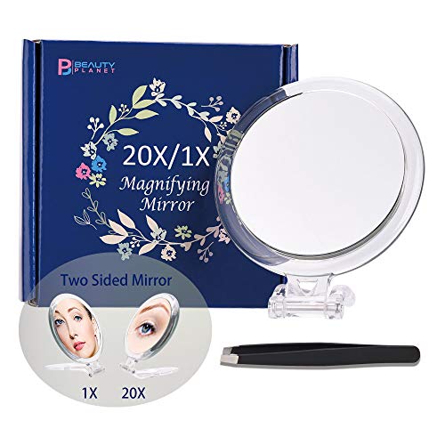 Product Cover 20X Magnifying Mirror, Two Sided Mirror, 20X/1X Magnification, Folding Makeup Mirror with Handheld/Stand,Use for Makeup Application, Tweezing, and Blackhead/Blemish Removal.4Inche (Silver)