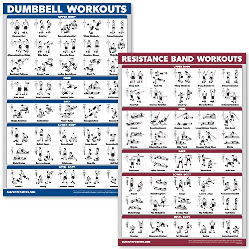 Product Cover QuickFit Dumbbell Workouts and Resistance Bands Exercise Poster Set - Laminated 2 Chart Set - Dumbbell Exercise Routine & Resistance Tubes Workouts (18